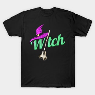 Witch Costume With Hat And Broom For Halloween T-Shirt